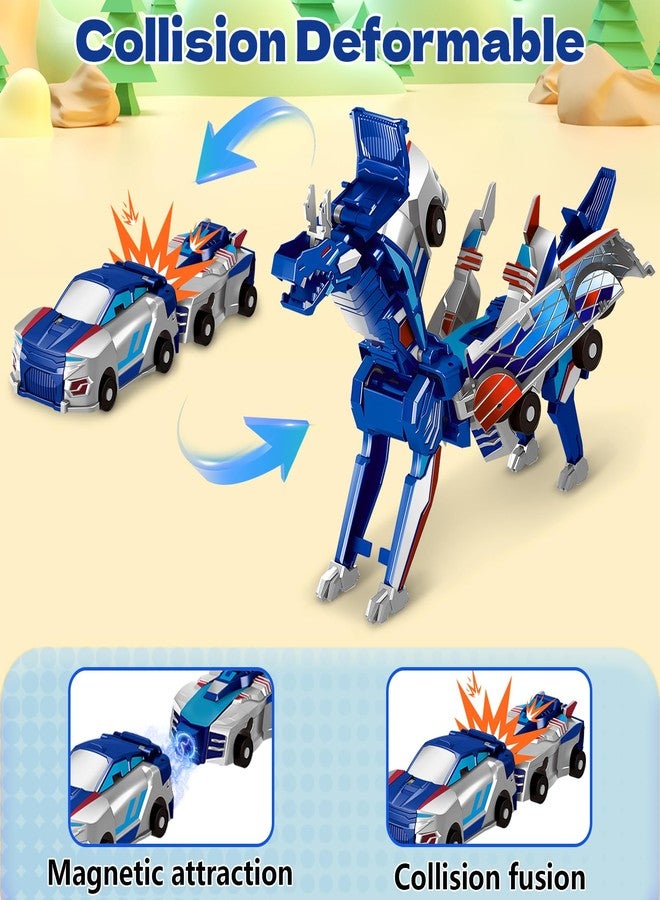 Intoypad Collision Transforming Dinosaur Car Toy, 2 Magnetic Cars Transform into Dinosaur Toys for Kids Toddler Fun Deformation Robot Dino Car Christmas Birthday Gift Toys for Boys Girls(Blue Dragon) - Image 3